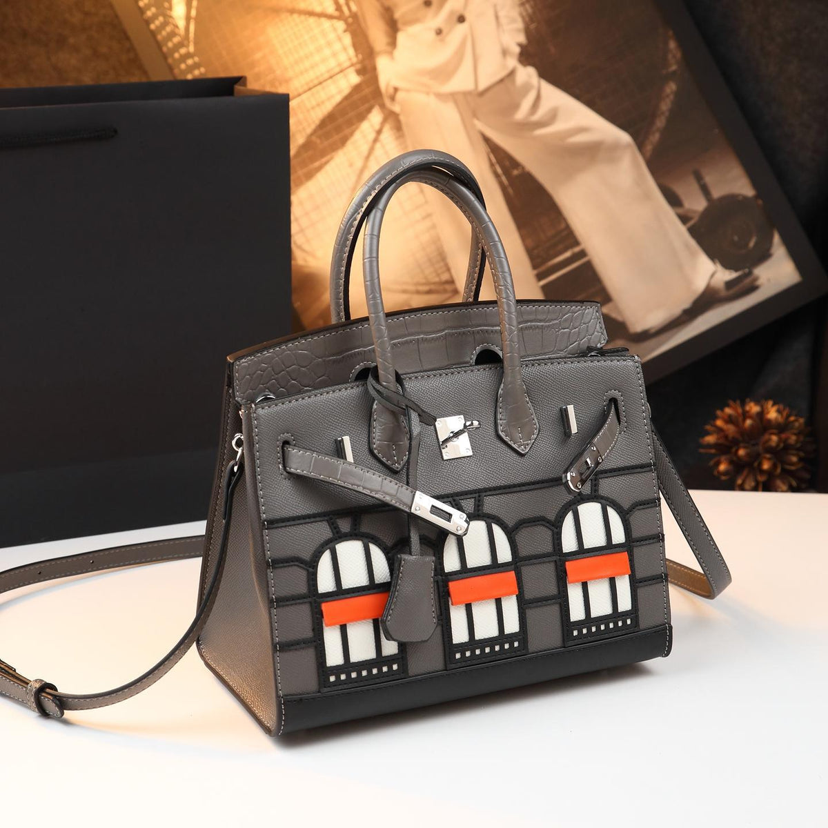 Chic Croc-Embossed Birkin-Inspired Tote Bag for Women, Premium Genuine Leather Top-Handle Shoulder Crossbody Handbag with Sophisticated Elegant Design, Trendy Everyday Purse