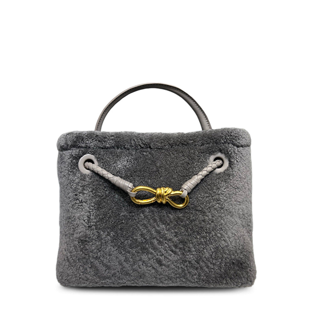 New Fall/Winter Lamb Wool Woven Tote with Metal Buckle, Vintage Large Commuter Shoulder & Crossbody Bag for Women