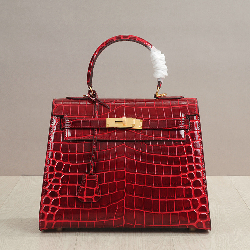 Light Luxury Women's Genuine Leather Kelly Style Small Handbag Crossbody Shoulder Bag with Crocodile Embossed Trendy New Design