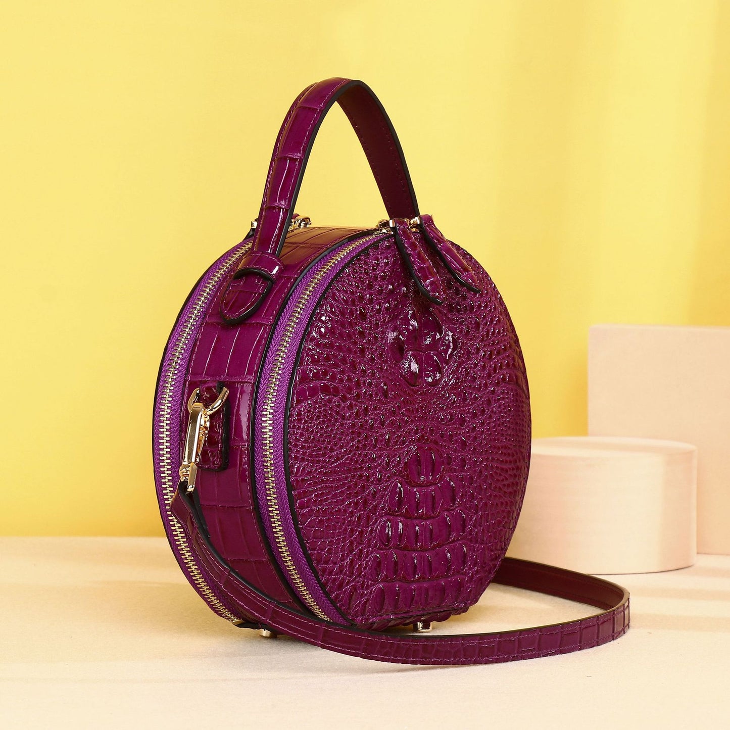New Arrival Croc-Effect Round Handbag for Women, A Minimalist Casual Top-Handle Crossbody Shoulder Bag with Multi-Layer Design & Fashionable Style
