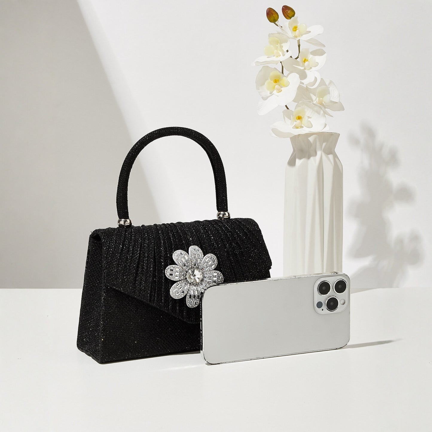Black Rhinestone Floral Evening Clutch for Women, New Pleated Top Handle Bag, Premium Chanel-Style Formal Gown Purse for Ladies