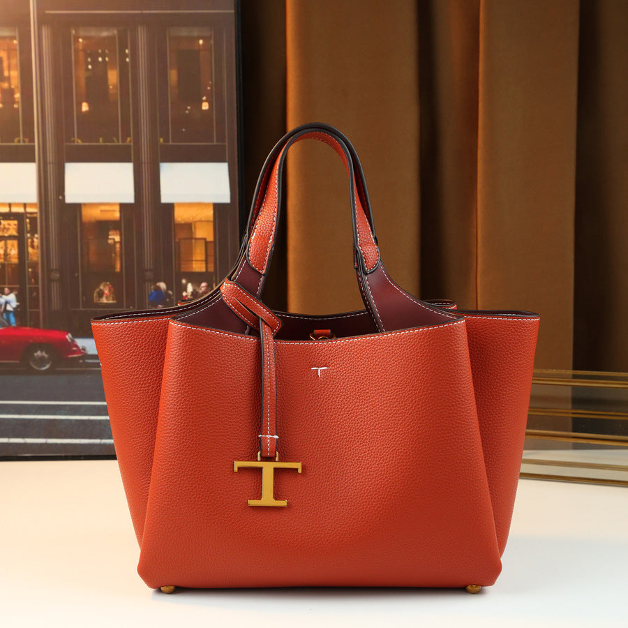 Pebble Grain Tote Bag for Women with T-Shaped Charm Detail, Large Capacity Commuter Shoulder Crossbody Handbag with Versatile Everyday Design