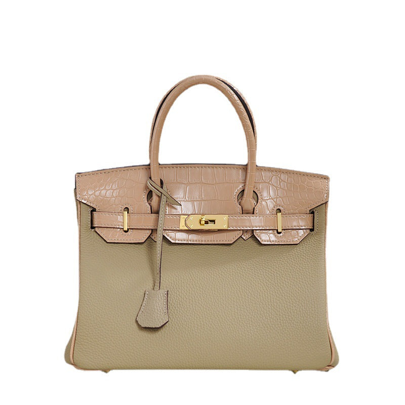 Genuine Top Layer Cowhide Patchwork Birkin-Style Bag for Women, New Casual Fashion Pebbled & Crocodile-Embossed Large Capacity Top Handle Handbag, Trendy Purse for Ladies