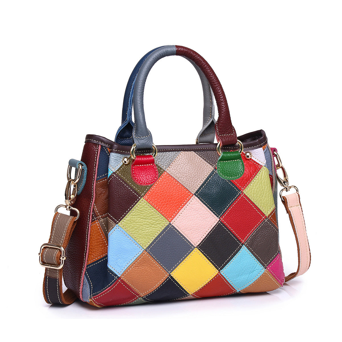 Genuine Leather Random Color Block Diamond Quilted Handbag for Women, Casual Trendy Shell Crossbody Shoulder Bag, Contrast Color Top Handle Purse for Ladies