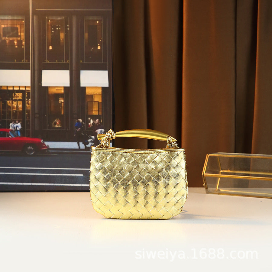 Gold Mini Woven Bag for Women with Sardine Handle, Niche Shoulder Crossbody Handbag with Unique Hardware Accent