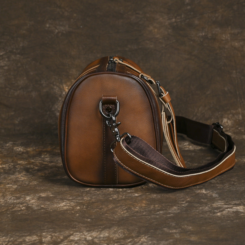 Men's Vintage Top Grain Cowhide Crossbody Bag Round Barrel Casual Messenger Large Capacity Shoulder Satchel