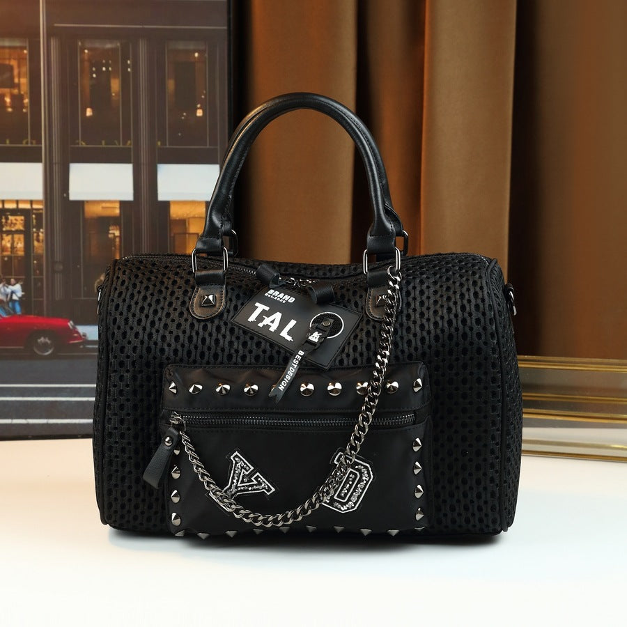 Mesh Studded Letter Print Pillow Bag for Women Chain Shoulder Crossbody Handbag, Edgy Cool Purse with Embellished Hardware
