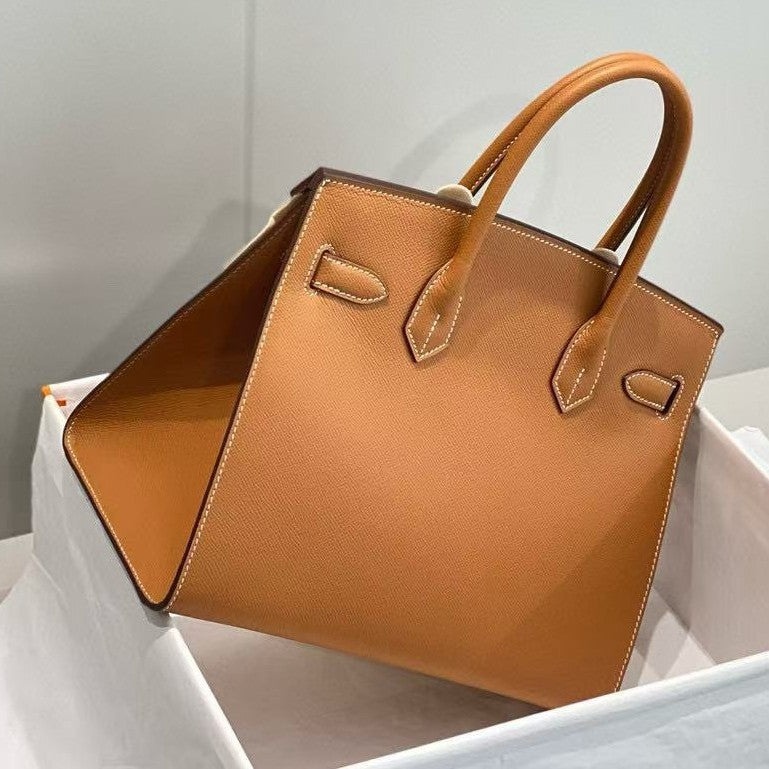 Top Layer Cowhide Birkin-Style Bag with External Stitching BK25/30, Large Capacity Versatile Top Handle Handbag, Premium Leather Purse for Ladies