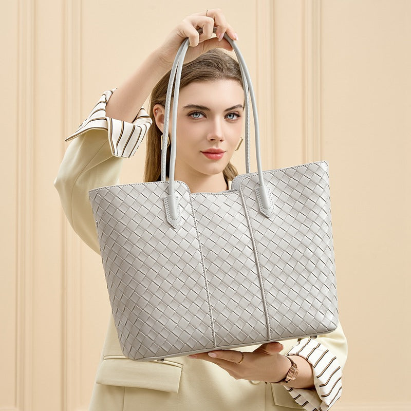 Underarm Commute Woven Tote in Genuine Leather, Large Capacity Shoulder Top Handle Purse, Premium Fashionable Bag for Women