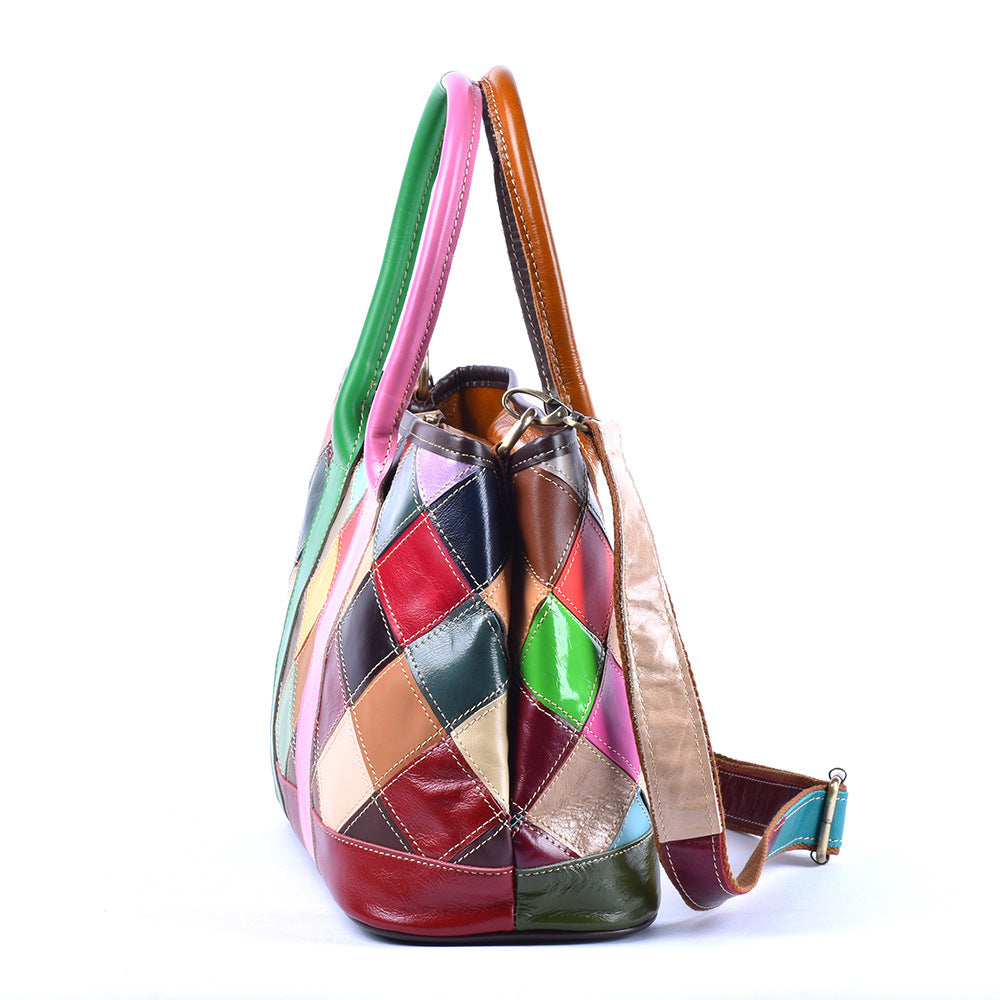 Checkered Patchwork Color Block Tote in Top Layer Cowhide, Fashionable Shoulder Crossbody Top Handle Handbag, Stylish Bag for Women