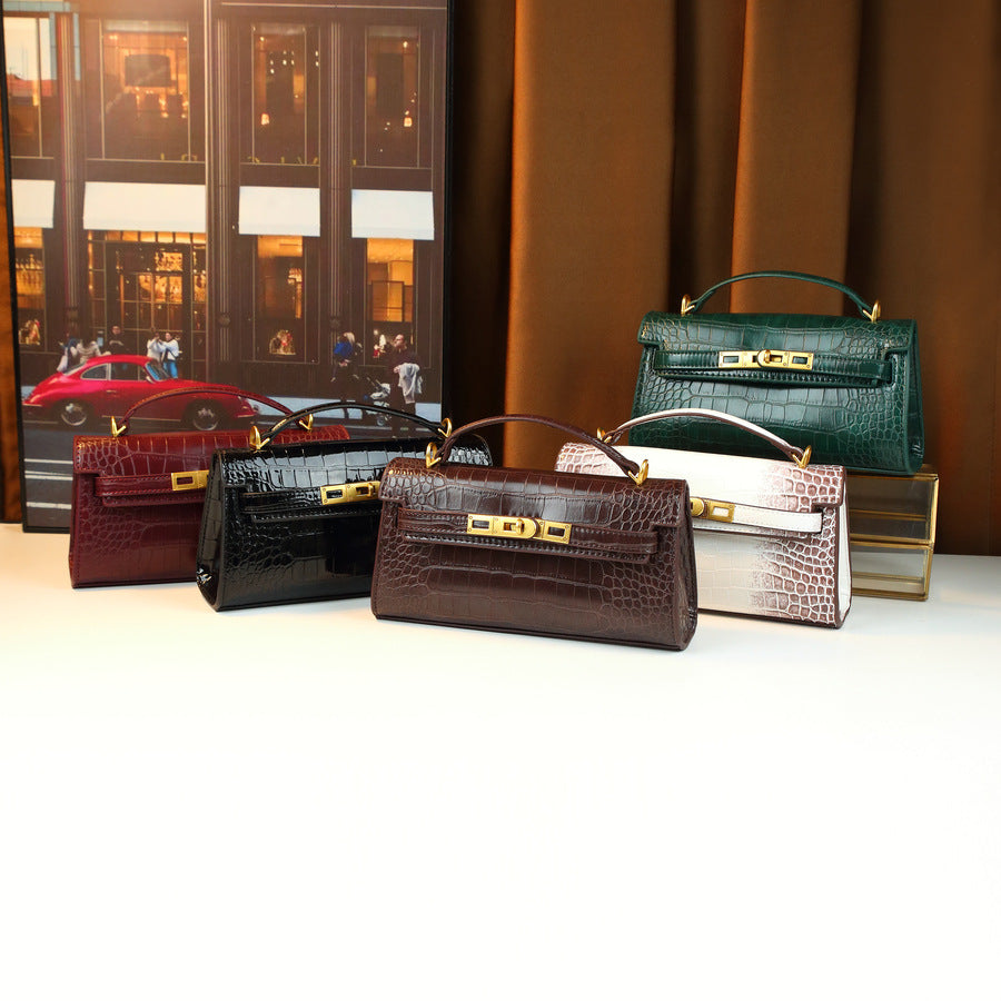Chic Korean Style Light Luxury Croc-Effect Kelly-Inspired Handbag for Women, A Small Exquisite Top-Handle Bag with Turn-Lock Design & Premium Feel