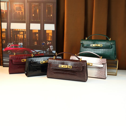 Chic Korean Style Light Luxury Croc-Effect Kelly-Inspired Handbag for Women, A Small Exquisite Top-Handle Bag with Turn-Lock Design & Premium Feel