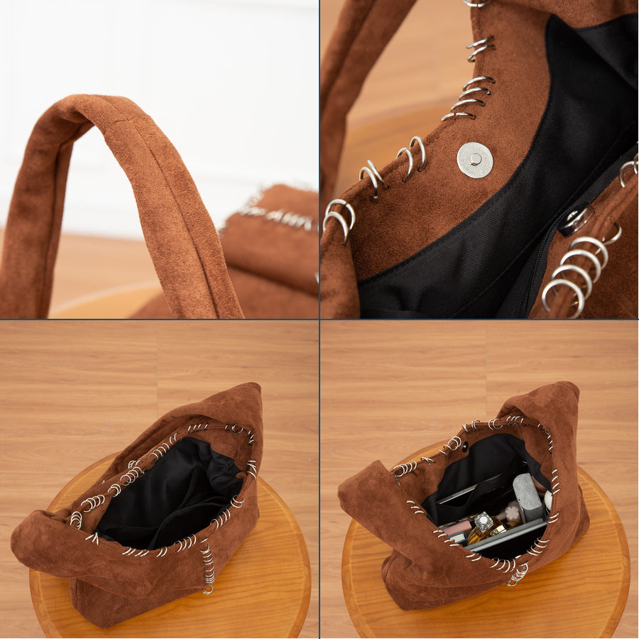 Steel Ring Multi-Pocket Tote Bag for Women Large Capacity Vintage Shoulder Crossbody Handbag, Convenient Commuter Purse with Versatile Storage
