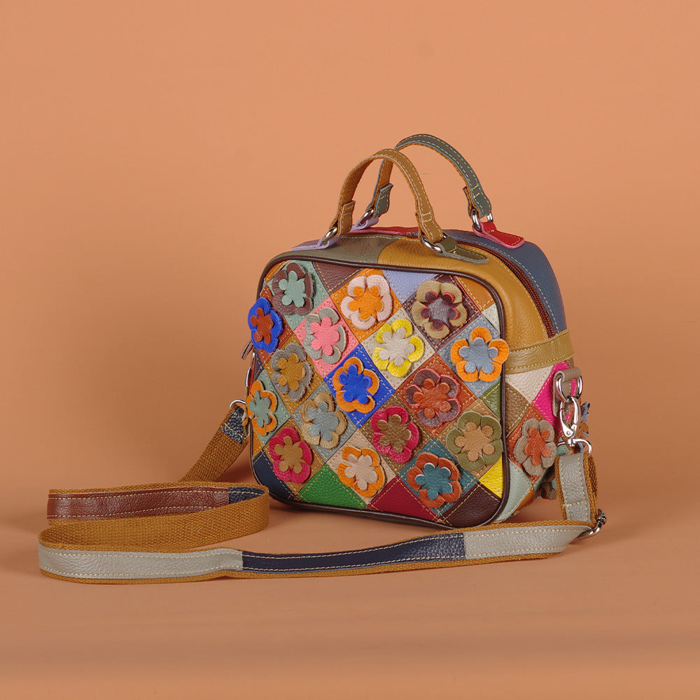 Genuine Top Layer Cowhide Multicolor Floral Handbag for Women, New Arrival Fashionable Unique Shoulder Top Handle Purse, Niche Designer Small Bag for Ladies