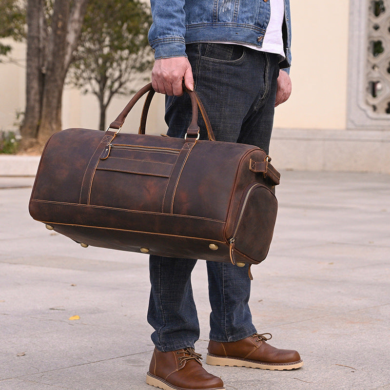 Crazy Horse Leather Large Capacity Travel Duffle with Shoe Compartment, Top Handle Shoulder Crossbody Bag, Premium Weekender for Men
