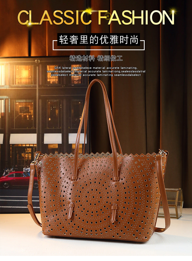 Laser Perforated Letter Tote Bag for Women Vintage Large Capacity Shoulder Crossbody Handbag, Artistic Hollow Carved Design with Versatile Style