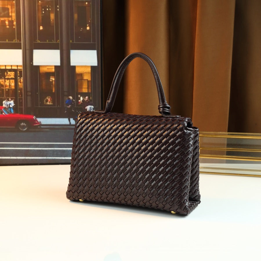 Handwoven Commuter Briefcase Bag for Women Minimalist Large Capacity Shoulder Handbag, Niche Versatile Purse with Artisan Woven Texture