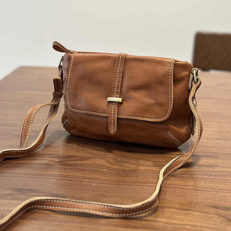 Spring Summer Vintage Leather Messenger Bag, Lightweight Commute Shoulder Crossbody Purse, Top Layer Cowhide Small Everyday Bag for Women
