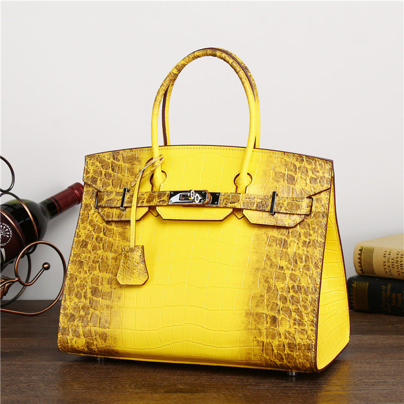 Premium Croc-Effect Birkin-Inspired Tote Bag for Women, Genuine Leather Large Capacity Color-Blocked Business Handbag with Versatile Shoulder Crossbody Carry