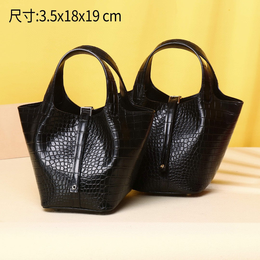 New Summer Genuine Leather Basket Bucket Bag for Women, A Versatile Croc-Effect Top-Handle Shoulder Crossbody Handbag Perfect for Summer Style