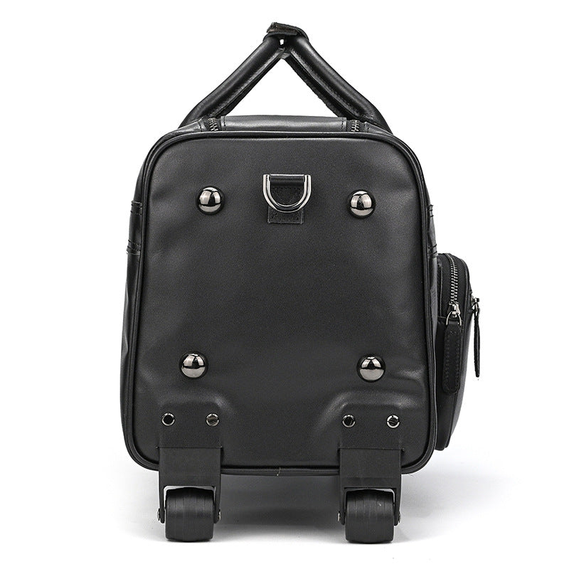 Black Genuine Leather Rolling Business Travel Duffle, Large Capacity Suitcase Luggage with Top Handle, Perfect Weekender for Men and Women