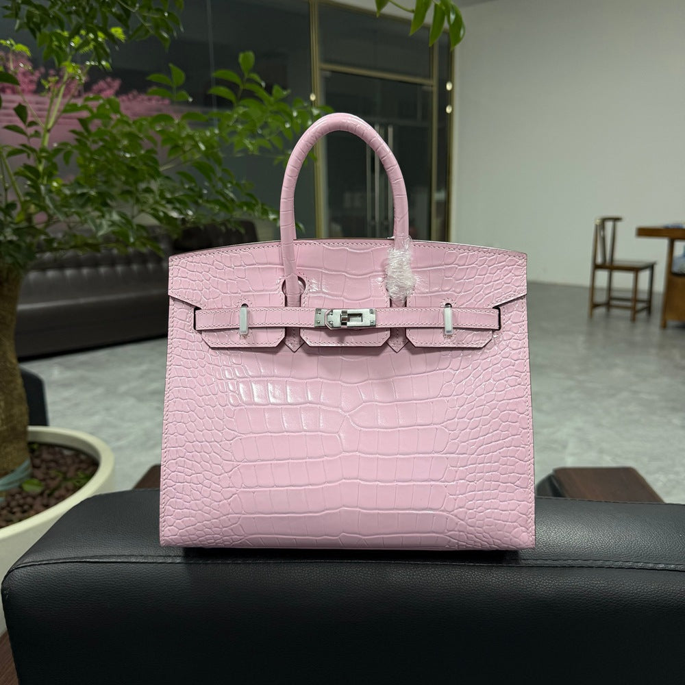 Genuine Top Layer Cowhide Crocodile-Embossed Birkin-Style 25 Bag for Women, External Stitching Hand-Stitched Waxed Thread with Steel Hardware, Lambskin Lining Handbag for Ladies