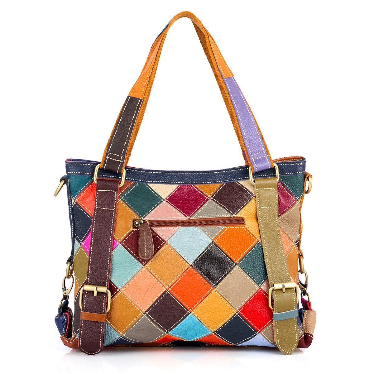 Genuine Leather Multicolor Random Color Block Geometric Patchwork Handbag for Women, Casual Trendy Shoulder Crossbody Tote Purse, Unique Designer Bag for Ladies
