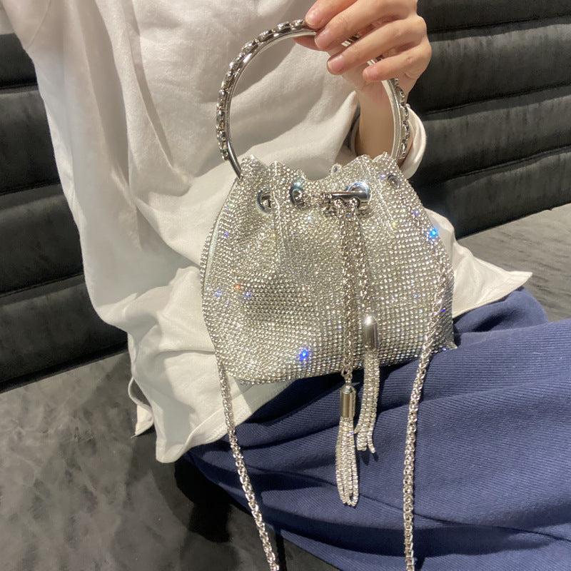 New Rhinestone Bucket Bag with Round Handle, Chain Shoulder & Crossbody Small Diamond Bag