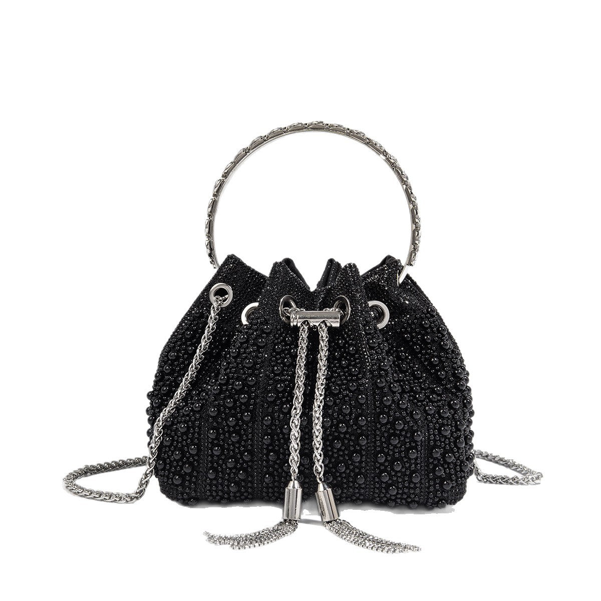 New Chinese Style Pearl Evening Bag, Rhinestone-Studded Drawstring Shoulder Crossbody Purse, Niche Light Luxury Handbag with Elegant Design