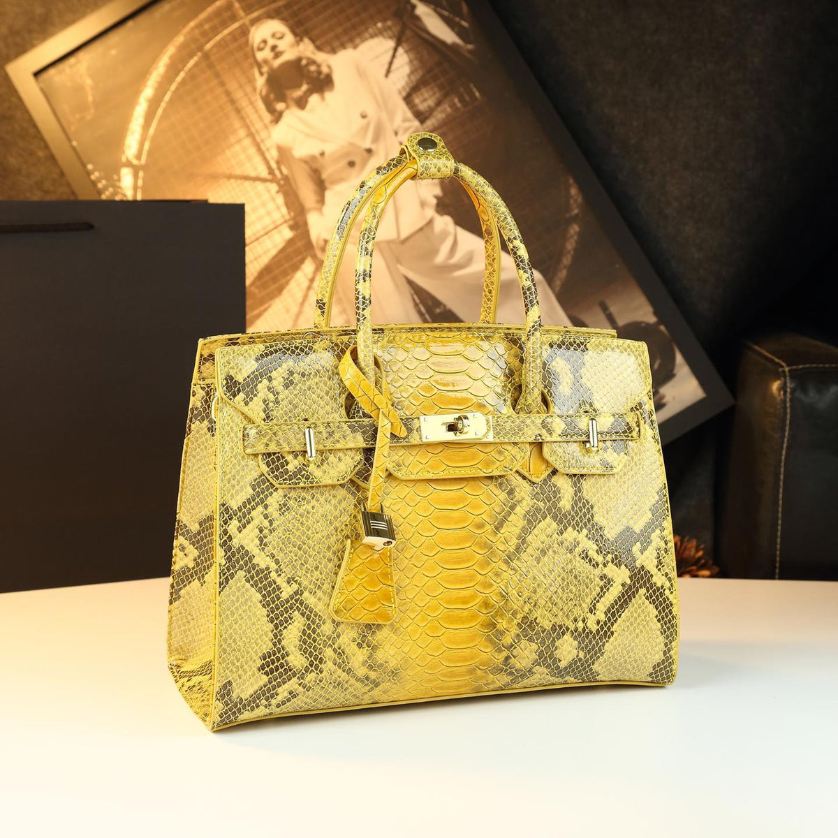 New Arrival Python-Embossed Birkin-Inspired Tote Bag for Women, Premium Genuine Leather Large Capacity Top-Handle Handbag with Luxurious Design, Trendy Everyday Purse