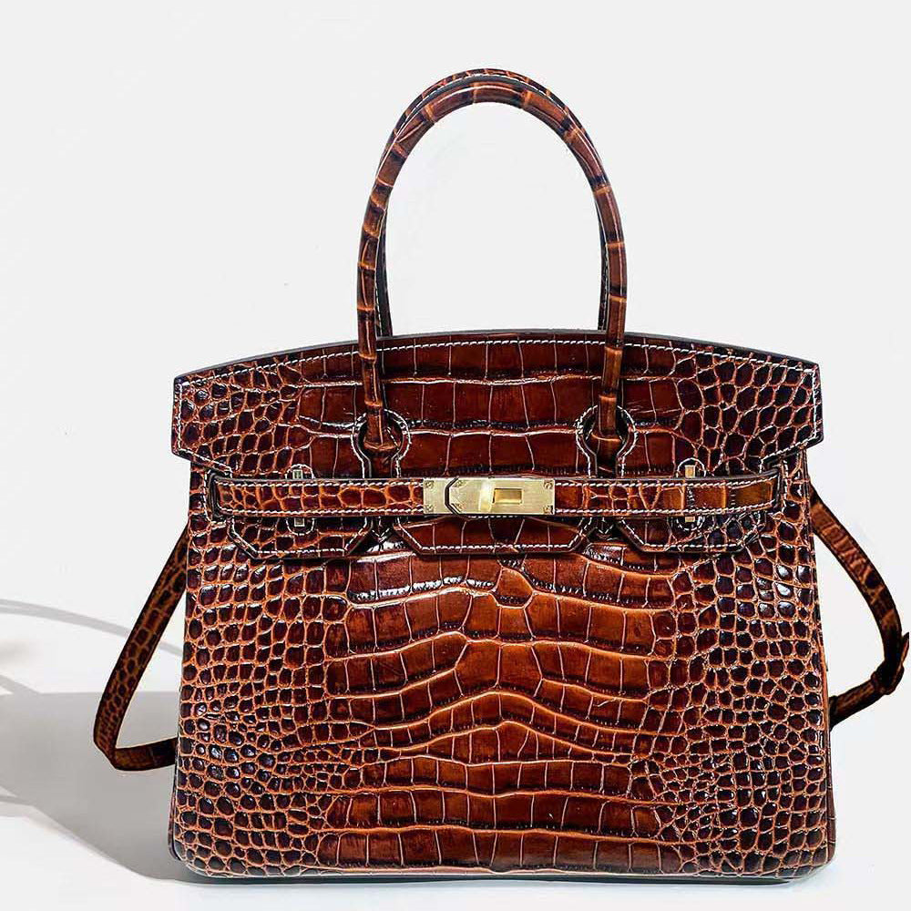 New Birkin Style Large Tote Bag for Women High Gloss Crocodile Embossed Genuine Leather Shoulder Handbag Crossbody Purse