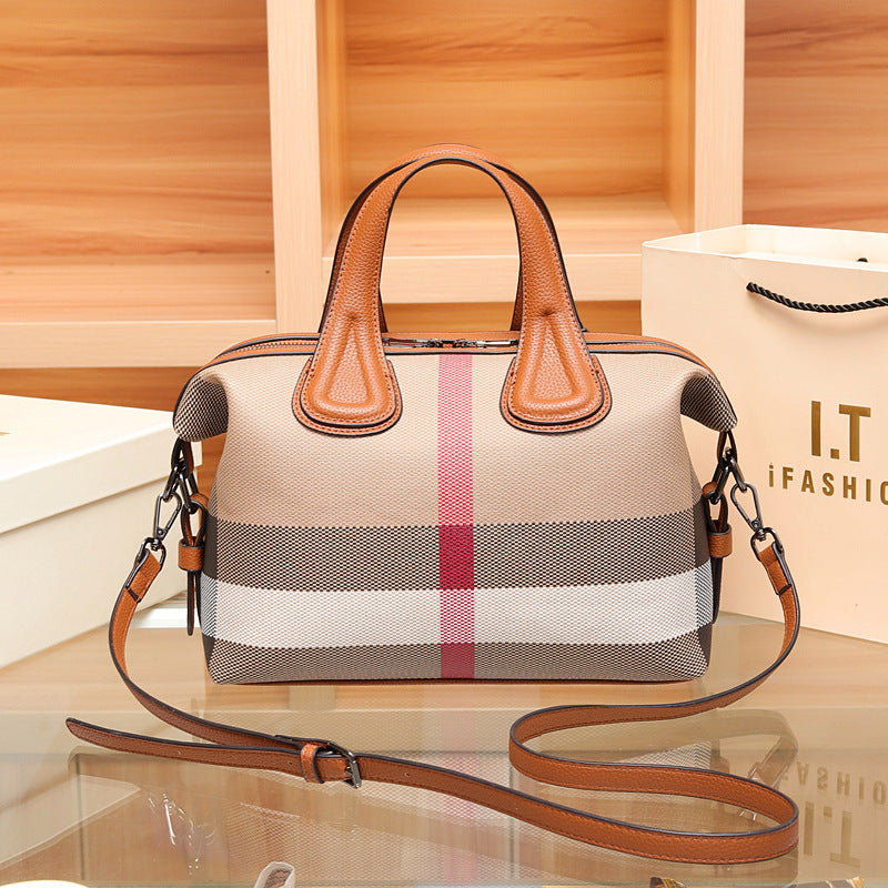 Genuine Leather Plaid Shell Handbag for Women, New Versatile Large Capacity Top Handle Shoulder Crossbody Purse, Trendy Bag for Ladies