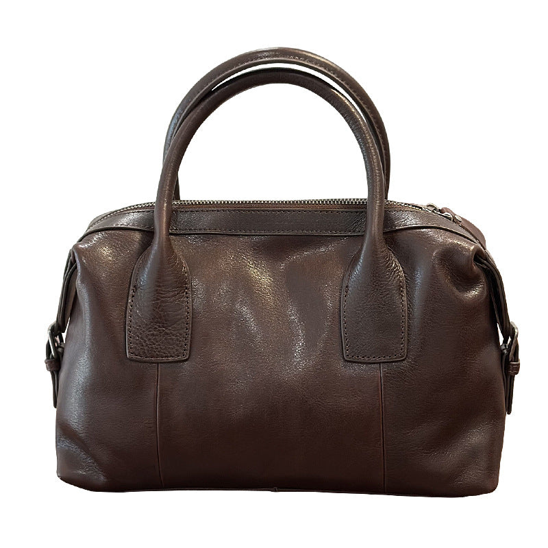 Genuine Top Layer Vegetable-Tanned Cowhide Boston Bag for Women, Minimalist Vintage Shoulder Crossbody Top Handle Purse, Fashionable Commute Handbag for Ladies
