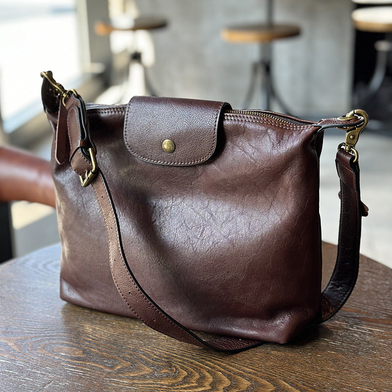 Genuine Vegetable-Tanned Cowhide Shoulder Crossbody Bag for Women, Vintage Minimalist Casual Large Capacity Dumpling Purse, Premium Leather Handbag for Ladies