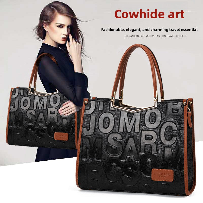 Genuine Cowhide Letter Handbag for Women, New Trendy Large Capacity Shoulder Crossbody Top Handle Purse, Fashionable Everyday Bag for Ladies