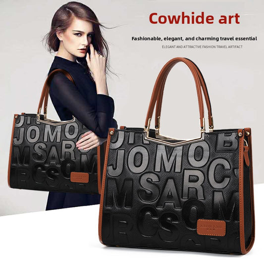 Genuine Cowhide Letter Handbag for Women, New Trendy Large Capacity Shoulder Crossbody Top Handle Purse, Fashionable Everyday Bag for Ladies