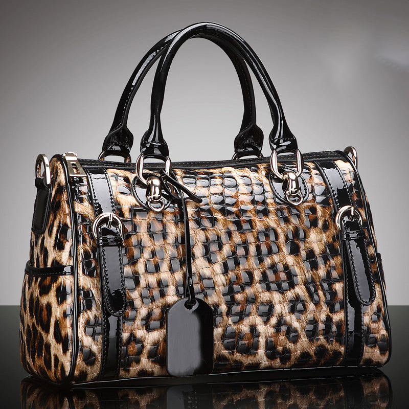 Premium Boston Bag in Genuine Cowhide, Leopard Print Large Capacity Top Handle Crossbody Purse, Stylish Handbag for Women