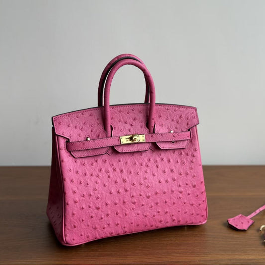 Women's Ostrich Grain Leather Birkin-Style Tote Bag, Hermès-Inspired Luxury Handbag with Top Handles, Genuine Cowhide Shoulder Purse, Exquisite Designer Satchel for Work & Travel