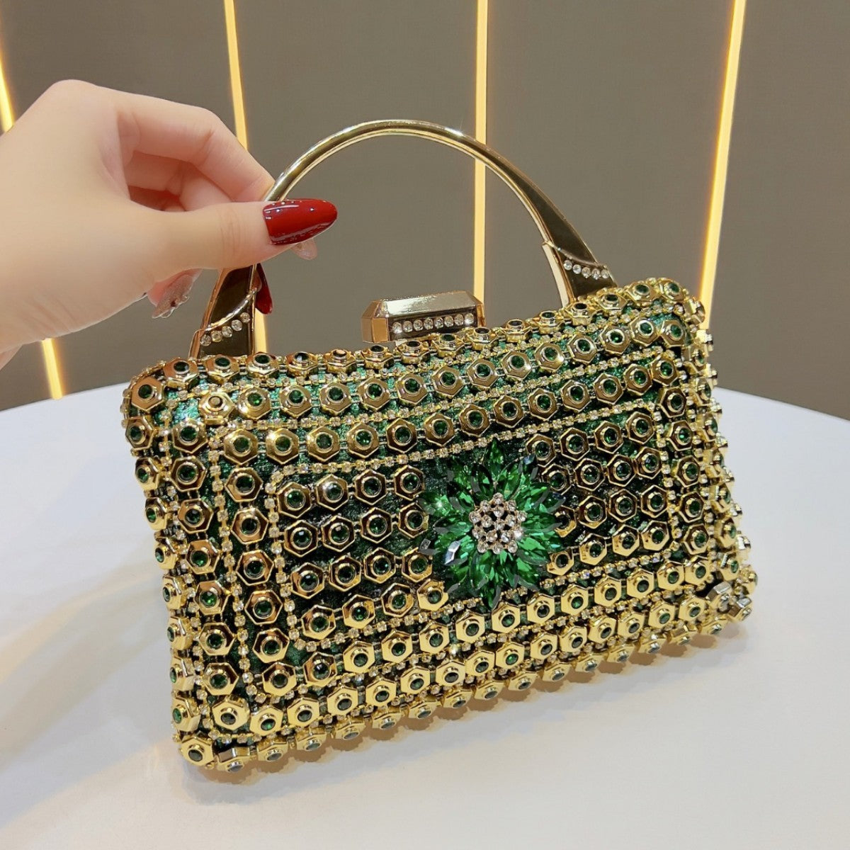 Women's Rhinestone-Embellished Evening Clutch, Premium Glamorous Top-Handle Handbag with Chain Strap, Perfect Banquet Purse