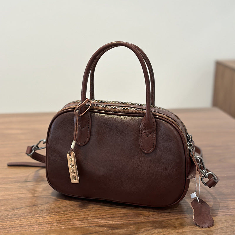 Genuine Top Layer Cowhide Handbag for Women, Fall Winter Academic Vintage Commute Shoulder Crossbody Bag, Minimalist Japanese Style Purse for Ladies