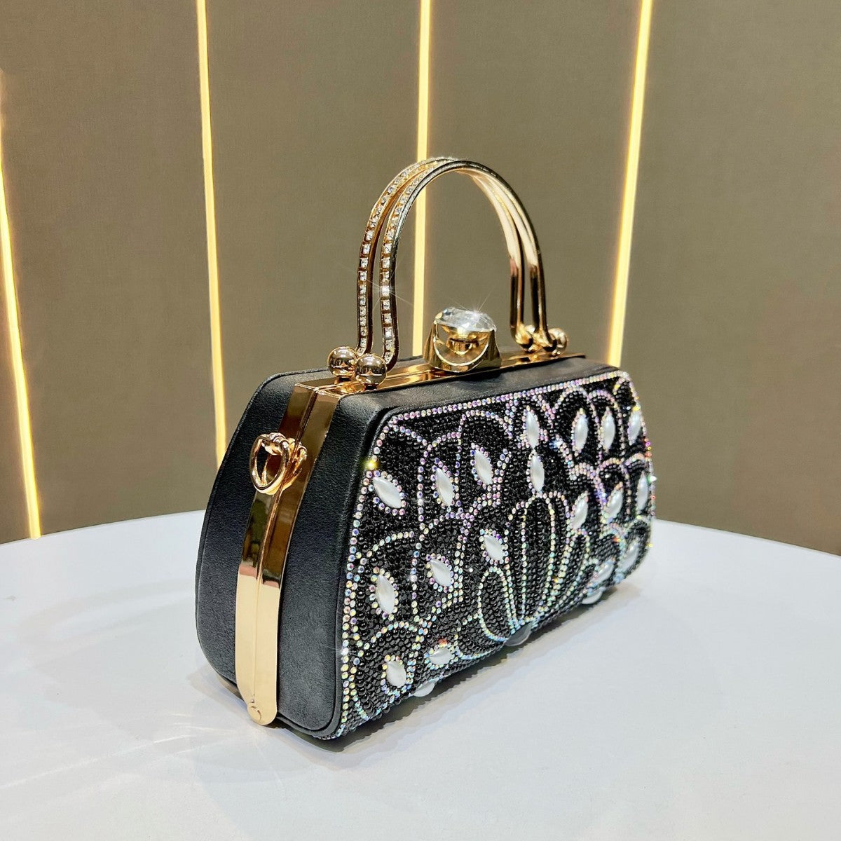 Women's Rhinestone-Embellished Evening Clutch, Light Luxury Crystal Top-Handle Crossbody Bag for Formal Dress, Sparkly Purse
