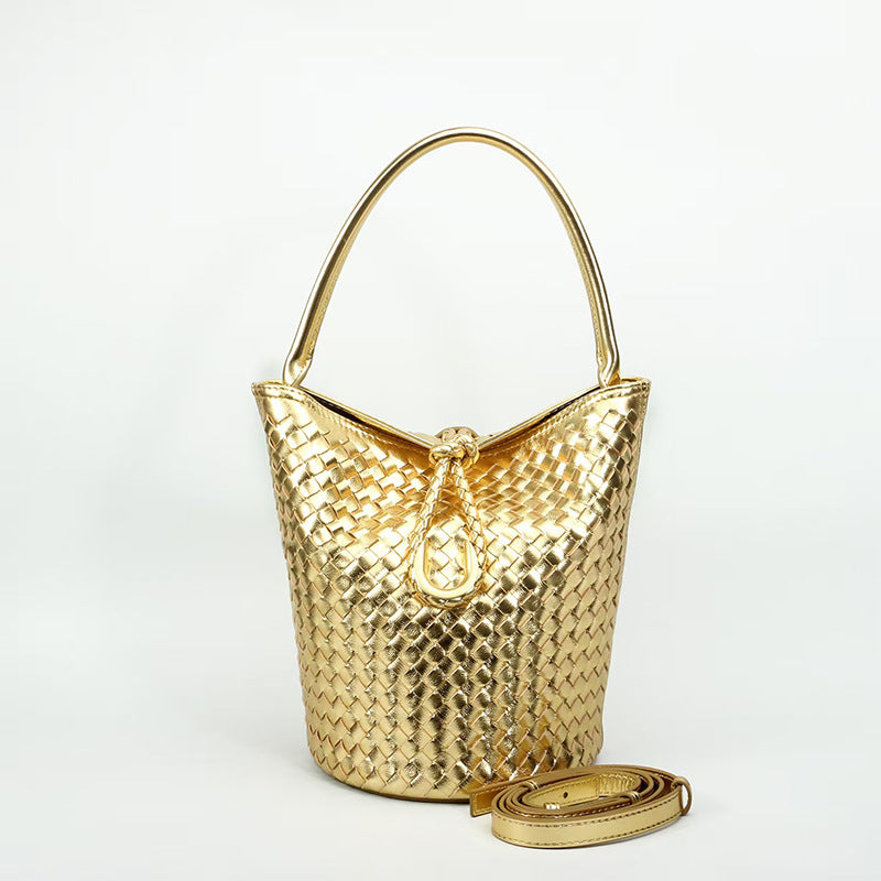 Genuine Cowhide Handwoven Bucket Bag with U-Buckle, New Vintage Shoulder Crossbody Top Handle Purse, Premium Handwoven Handbag for Ladies