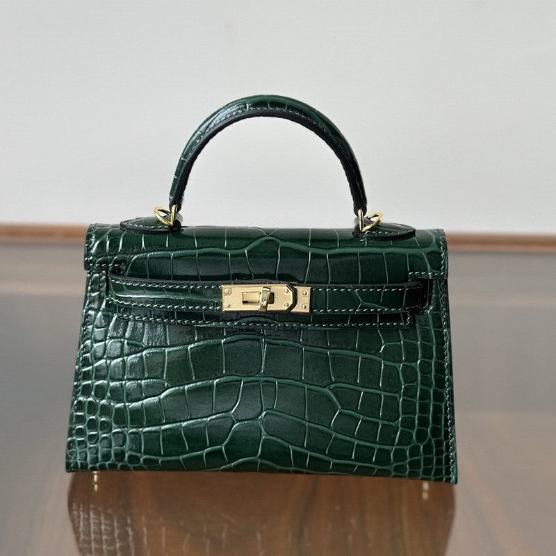 Genuine Leather High-Gloss Crocodile-Embossed Kelly-Style Bag for Women, New 2nd Gen Mini Top Handle Shoulder Purse, Premium Handbag for Ladies