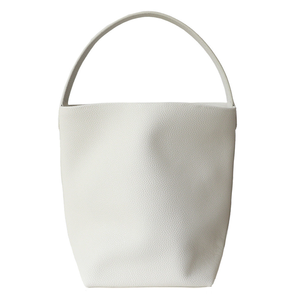 Cowhide Bucket Tote Bag for Women Minimalist Slouchy Shoulder Handbag, Large Capacity Genuine Leather Purse with Versatile Everyday Style