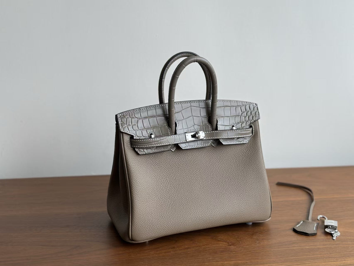 Women's Togo Leather Birkin-Style Tote Bag, Hermès-Inspired Crocodile-Embossed Top-Handle Handbag with Premium Top-Layer Cowhide, Luxe Spacious Satchel for Work & Travel, New Arrival