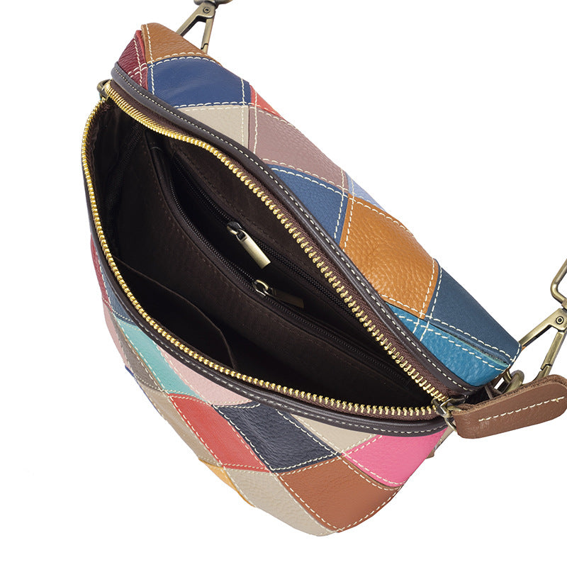 Genuine Top Layer Cowhide Colorful Patchwork Bag for Women, New Wide Strap Shell Crossbody Shoulder Purse, Trendy Dumpling Handbag for Ladies