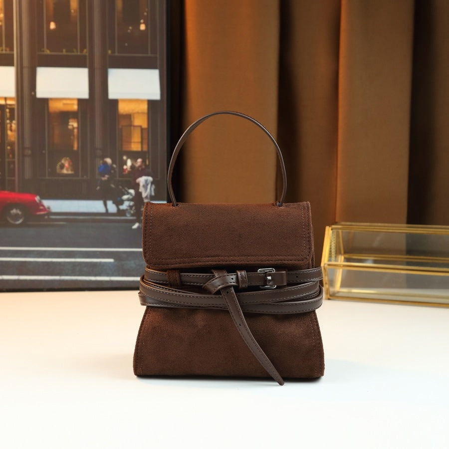 Suede Tie-Detail Small Bag for Women Niche Shoulder Crossbody Handbag, Premium Fall Winter Purse with Elegant Design