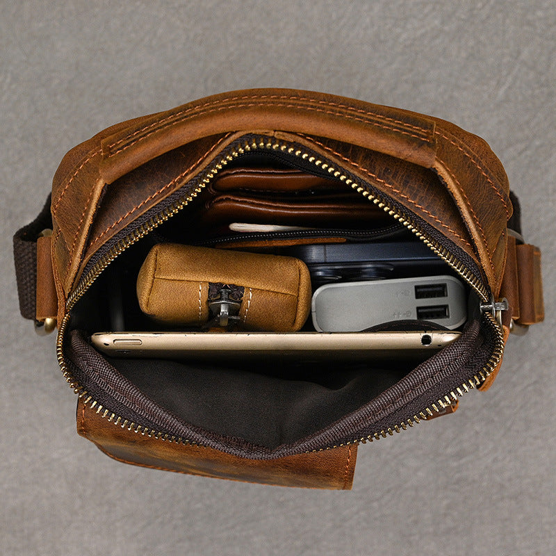Crazy Horse Leather Small Phone Crossbody Bag, Earphone Hole Shoulder Pouch, Compact Square Travel Bag for Men