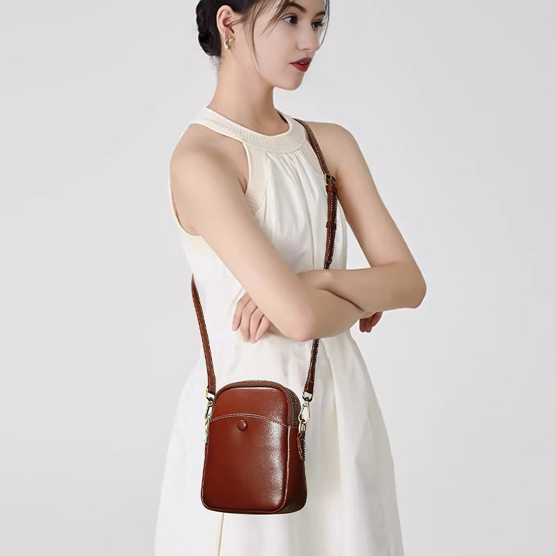 New Top Layer Cowhide Mini Phone Bag, Versatile Shoulder Crossbody Purse, Fashionable Genuine Leather Handbag for Women