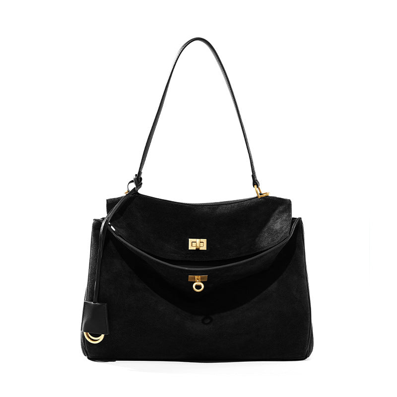 Genuine Suede Matte Cowhide Rodeo Tote Bag for Women, Structured Underarm Shoulder Purse, Large Capacity Premium Commute Handbag for Ladies